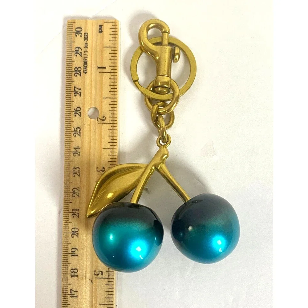 Ombre Teal Black Cherry Cherries Keychain Bag Charm Resin Gold Tone Metal